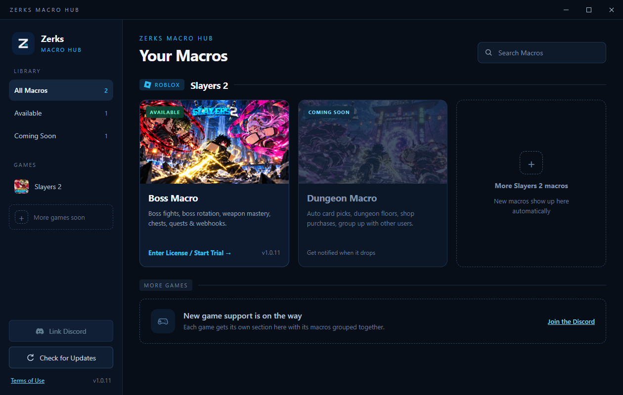 The Zerks Macro Hub app with available and upcoming macros